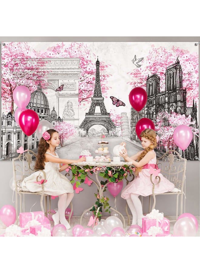 Sumind Paris Tapestry Backdrop Paris Wall Art Eiffel Tower Photo Banner Background European City Landscape Pink Wall Hanging Decor for Living Room Girl Bedroom Paris Themed Party Decoration, 72.8 x 43.3 Inch - Image 4